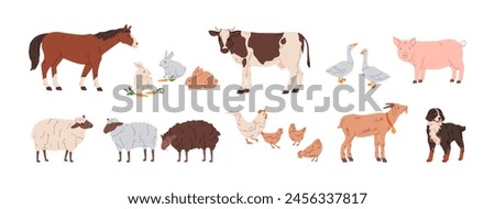 Farm animals set. Domestic livestock. Horse, cow, hen and chicken, sheep, goat, pig, rabbits and shepherd dog. Rural countryside fauna collection. Flat vector illustration isolated on white background