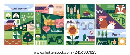 Agriculture, farm poster design. Geometric pattern background of village, countryside with chicken, tractor, harvest, plants, farmland. Rural field, eco agronomy cards set. Flat vector illustrations