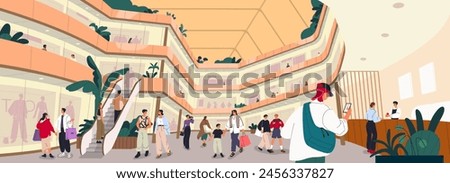 Shopping mall interior scene with people walking, spending time in retail stores. Consumers, buyers in modern multi-storey center with escalators, levels. Shoppers indoors. Flat vector illustration