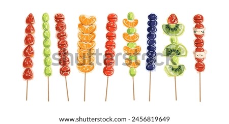 Tanghulu, Asian street food. Sugar-coated fruits and berries on sticks. Sweet Tang hulu snacks set. Skewered strawberry, tomato, kiwi candies. Flat vector illustration isolated on white background