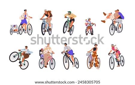 Cycling characters set. Happy people riding bicycles. Active cyclists on bikes. Men, women, kids enjoying summer sports activity, pedaling. Flat vector illustration isolated on white background