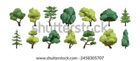 Trees set. Forest foliage plants. Lush leaf canopy of deciduous and coniferous. Summer wood. Green leafy crowns and trunks. Botanical natural flat vector illustration isolated on white background