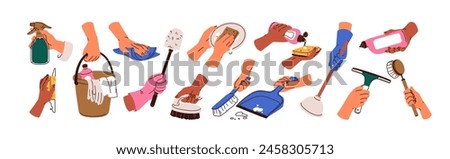 Hands holding cleaning tools, brush, cloth, wiper, scoop, washing sponge, detergent bottle. Clean home equipment, products, housework supplies. Flat vector illustration isolated on white background