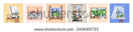 Views from cozy homes. Look out from open windows set. Beautiful nature and city landscapes, sea beach, countryside, field, mountain outside, windowsills, tables inside. Flat vector illustrations