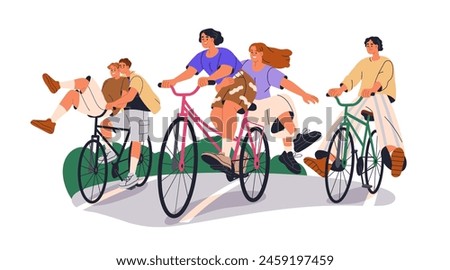 Friends group riding bicycles, laughing, having fun, cycling together. Happy joyous carefree young people on bikes, active summer vacation. Flat vector illustration isolated on white background