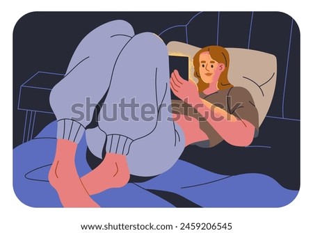 Woman watching phone in bed, relaxing at night. Young female holding gadget, enjoying late evening leisure online. Girl resting, scrolling social media, reading, playing. Flat vector illustration