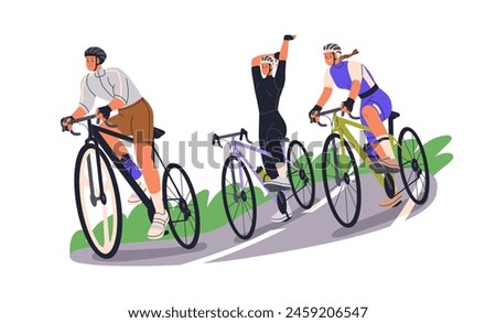 Active friends group cycling, riding bicycles together. Cyclists, bike rider in helmets, road track, travel. Healthy sport activity in nature. Flat vector illustration isolated on white background