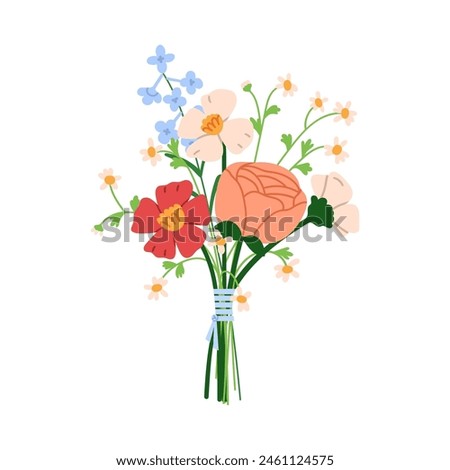 Flower bouquet, bunch. Garden and field blossoms, stems tied with string. Floral arrangement of roses, daisies, wildflowers. Gentle blooms. Flat vector illustration isolated on white background