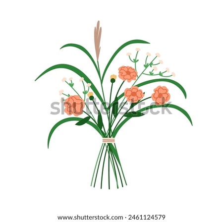 Flower bouquet. Delicate field blooms arrangement. Gentle meadow blossoms, wildflowers mix tied with string. Romantic spring floral bunch. Flat vector illustration isolated on white background