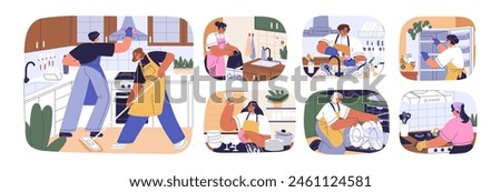 Kitchen cleaning, housework set. Floor clean-up, washing dishes, loading dishwasher, wiping fridge and stove. House work, cleanup service. Flat vector illustration isolated on white background