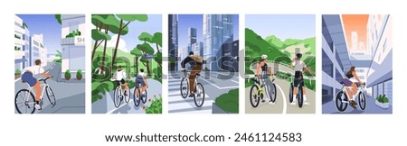 Cyclists riding bicycle in city, nature. People cycling bikes, vertical cards, posters set. Young men, women riders travel through urban and park landscapes in summer. Flat vector illustration