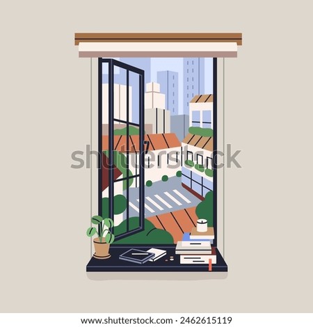 Cityscape view from open window. Look out on old town buildings, skyscrapers, city road. Cozy windowsill with books, candle, potted plant and urban landscape outside. Flat vector illustration