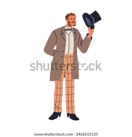 19th century gentleman, noble man tipping hat off, greeting gesture. Elegant aristocrat in Victorian attire, British fashion. Nobleman saying hi. Flat vector illustration isolated on white background