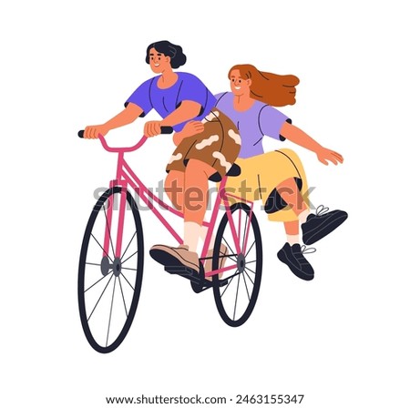 Happy girls couple on bicycle, laughing, having fun. Young female friends enjoying bike ride, adventure, travel. Active joyful women cycling. Flat vector illustration isolated on white background