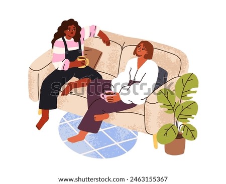 Happy women friends chatting, sitting on sofa with tea cups. Girlfriends at cozy teatime at home, talking, speaking, drinking coffee on couch. Flat vector illustration isolated on white background