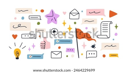 Doodle symbols set. Creative design elements, communication icons. Speech bubble, stars, hearts, lightbulb, flag, thumb-up, letter and envelope. Flat vector illustration isolated on white background