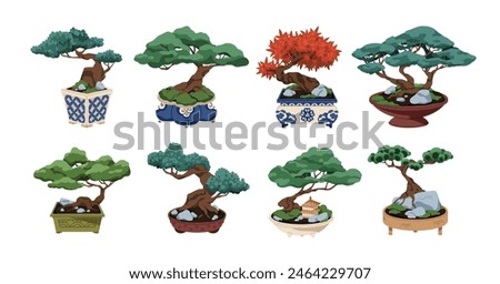 Bonsai, Japanese trees in pots. Traditional Asian miniature garden, zen nature in container. Japan leaf plants, traditional oriental art. Flat vector illustration isolated on white background