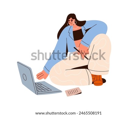 Woman works at laptop computer. Student with pen and paper at notebook, studying online, composing essay on floor. Freelancer taking notes. Flat vector illustration isolated on white background