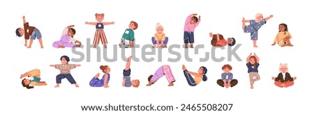 Kids exercising yoga. Children in asana and gym poses set. Cute little girls and boys, healthy sport activity. Child characters, toddlers stretch. Flat vector illustration isolated on white background