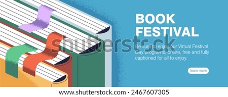 Book festival, web banner design. Literature, education and reading fest, website, internet background template for online promotion. Library, bookstore website. Flat graphic vector illustration