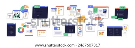 Information technology concept. Digital screens, user interfaces set for mobile app, web-site. UI designs, codes, scripts, content analytics. Flat vector illustrations isolated on white background