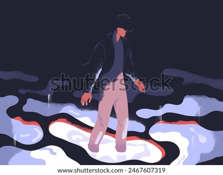 Walking into unknown. Man in mysterious fantasy, dream. Psychology concept. Person exploring strange dreamy mystery, light in darkness. Spiritual psychological surreal flat vector illustration