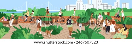 People in eco city park landscape. Characters walking, jogging, riding bicycles and scooters, enjoying summer weekend lifestyle. Men and women during outdoor rest, relax. Flat vector illustration