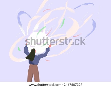 Magic mystical energy concept. Woman holding light orb, wonder sphere. Surreal power ball. Esoteric discovery, insight, mystery, dream in hands. Abstract psychology concept. Flat vector illustration