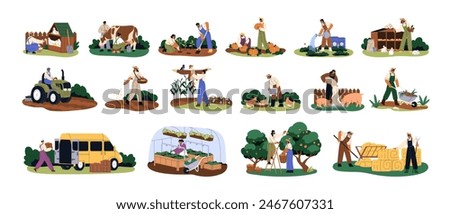 Agriculture works set. Farm workers at countryside. Farmers rural life with crop plants, harvest and animals. Agribusiness at country, village, farmland. Flat vector illustration isolated on white