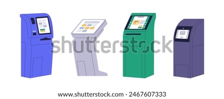 Self-service kiosks set. Interactive touchscreen machines. Information, banking and ticketing terminals. ATM, electronic systems with screens. Flat vector illustration isolated on white background