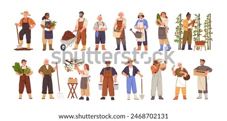 Agricultural worker set. Farmers, countryside rural characters, farming. Happy people during farm and garden works with crops, harvest, shovel. Flat vector illustrations isolated on white background