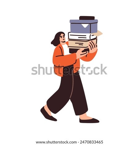 Employee carrying work papers, documents stack. Office worker, female clerk going, holding many files, boxes, business folders in hands, moving. Flat vector illustration isolated on white background