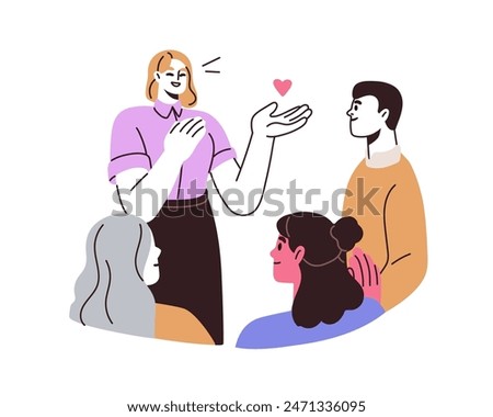 Communication concept. Friendly conversation. Engaging leader with audience listening. Woman speaking to friends. People like speaker. Flat graphic vector illustration isolated on white background