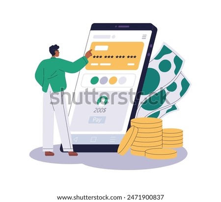 Finance bank app on smart phone. Customer using mobile money application for online payment, card transaction and bill pay. Man with smartphone. Flat vector illustration isolated on white background