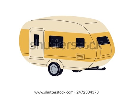 Trailer, camping caravan. RV, motorhome. Wheeled mobile house, campervan for adventure. Holiday transport home, camper van, recreational vehicle. Flat vector illustration isolated on white background