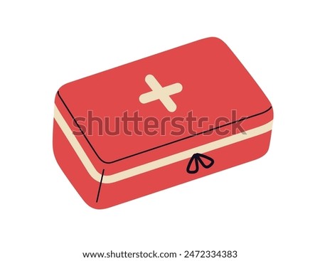 First aid kit suitcase, emergency box. Medical case with cross. Travel briefcase, red container with health drugs, CPR equipment, pharmacy. Flat vector illustration isolated on white background