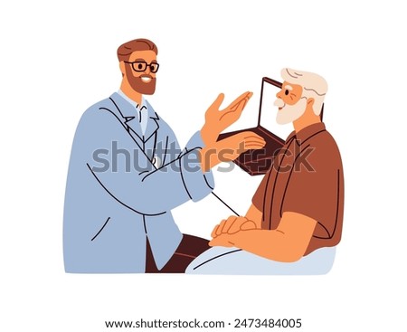 Doctor consulting old man, elderly patient. Senior person during medical appointment, discussing health with physician in clinic. Geriatric care. Flat vector illustration isolated on white background