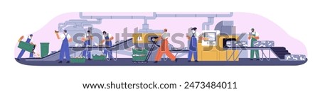 Garbage recycling process on conveyor belt at factory. Workers and automated machine sorting plastic trash. Waste separation at production line. Flat vector illustration isolated on white background