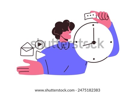 Time management. Scheduling work, planning, organizing business tasks. Productive efficient man with clock, control deadline. Efficiency concept. Flat vector illustration isolated on white background