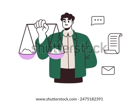 Work ethics compliance. Professional ethical principles concept. Justice, corporate rules, policy. Business man comparing, analyzing with scales. Flat vector illustration isolated on white background