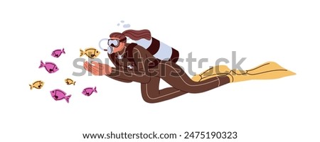 Scuba diver diving under water. Woman swimming in underwater suit with oxygen mask, fins and aqualung tank. Exploring sea fish, marine fauna. Flat vector illustration isolated on white background