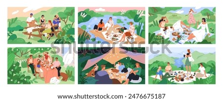 Summer picnics set. People at garden table, blanket on pier, mat in park. Cozy outdoor food party on backyard and field. Friends eating, chilling in nature, landscapes. Flat vector illustrations