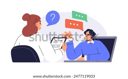 Online job interview. Recruitment and hiring concept. HR and candidate communication via video call. Virtual meeting, employer and employee. Flat vector illustration isolated on white background