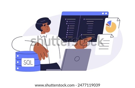 Data administrator, database management with SQL. Information technology, digital storage and analysis concept. Coding and developing reports. Flat vector illustration isolated on white background