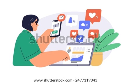 SMM concept. Social media and digital marketing professional at work. Online likes, comments and followers growth. Internet content and strategy. Flat vector illustration isolated on white background