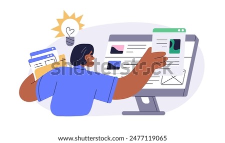 Creative content manager editing web-site, publishing articles, blogs. Online editor creating, placing information, news at computer. CMS concept. Flat vector illustration isolated on white background