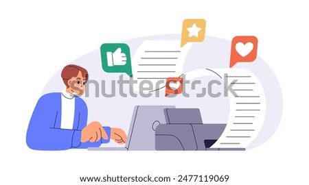 Copywriter, online journalist writing article on laptop. Creating blog content. Happy author composing post in social media. Copywriting concept. Flat vector illustration isolated on white background