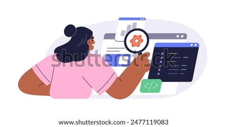 Software engineering and development concept. Programmer, coder developing, testing code, script. Backend professional, information technology. Flat vector illustration isolated on white background