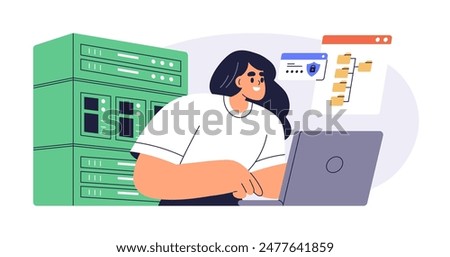 System administrator and server data. Computer storage, network administration, database maintenance and management concept. Female sysadmin. Flat vector illustration isolated on white background