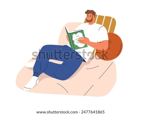 Man reading book, relaxing, lying at home. Happy male character enjoying interesting literature, novel, resting on sofa at leisure time. Flat vector illustration isolated on white background